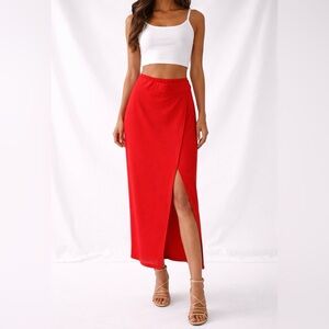 Avec Les Filles Red Ribbed Maxi Wrap Skirt with Slit Size: Large